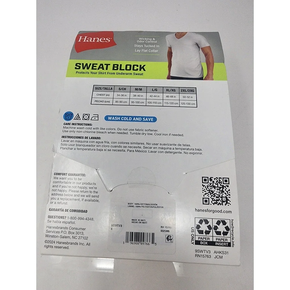 Hanes Mens Sweat Block V-Neck Undershirts White Cotton Blend 3-Pack Size Small